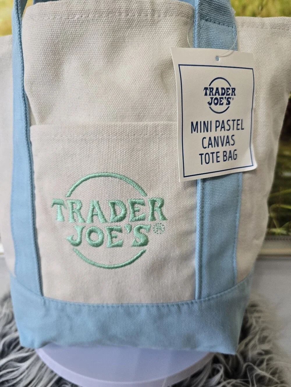 Trader Joe’s Mini Pastel Blue Canvas Tote Bag Reusable Grocery Shopper NWT